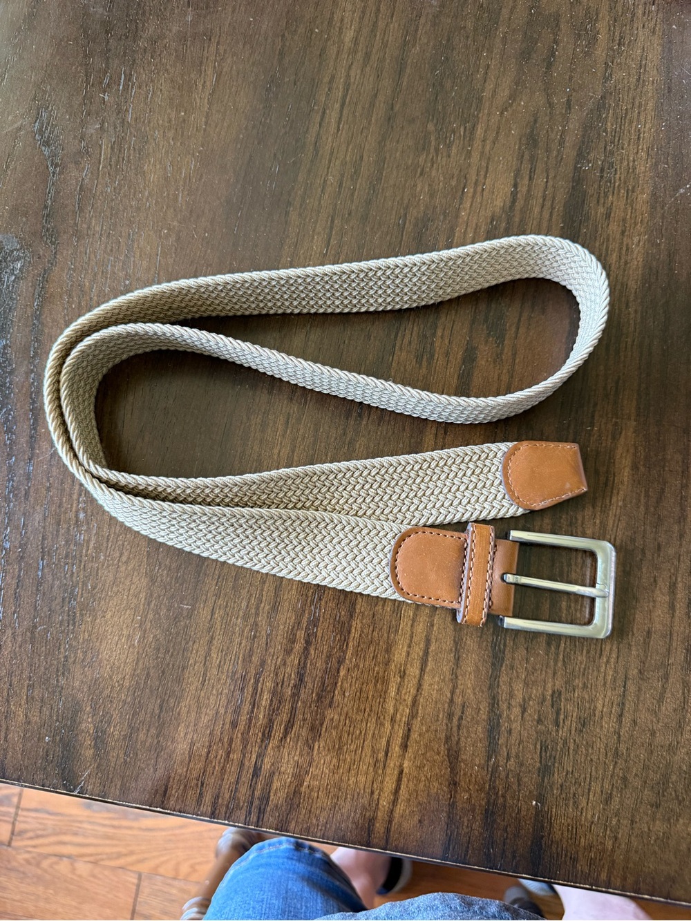 Source Unknown Beige Woven Elastic Belt with Tan Leather Trim